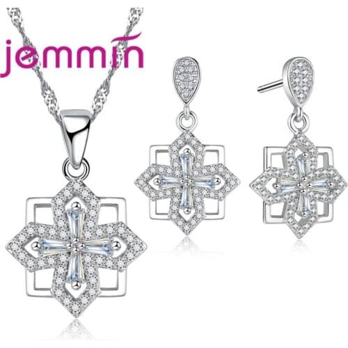 Lucky Crystal Jewelry Set 925 Sterling Silver Geometric Pendant Necklace Earrings For Women Wedding Party Birthday Gift