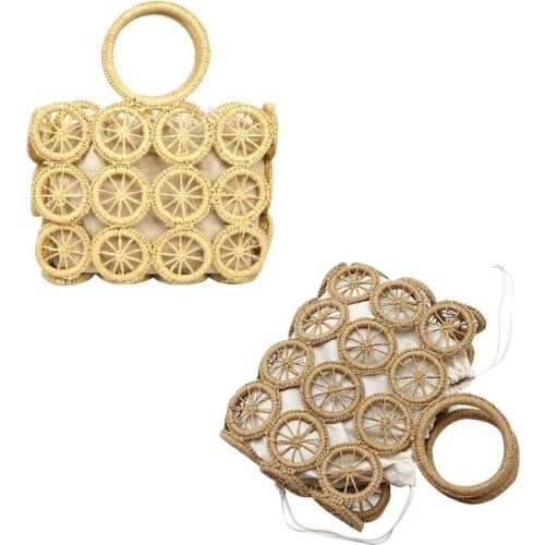 Women Beach Woven Straw Tote Bag Hollow Out Circle Pattern Top Handle Drawstring Handbag Summer Travel Vacation Purse