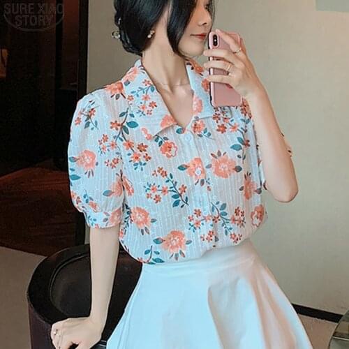 Vintage Plus Size Floral Women Blouse 2021 Summer Short Sleeve Chiffon Shirts Women Single Breasted Print Female Clothing 14421