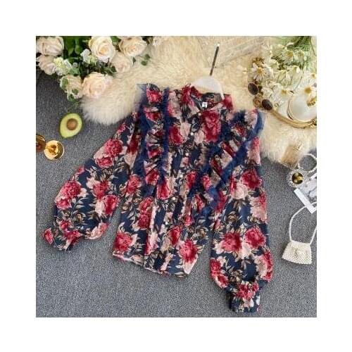 Womens Spring Autumn vintage flower Print ruffles Shirt Tops Female net yarn long sleeve slim puff sleeve Blouse Tees TB4049