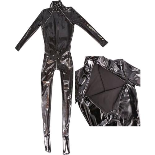 Wet Look Shiny PVC Catsuit Zipper Open Crotch Bodysuit Role Play Tight Rompers Women Jumpsuit Overalls Sexy Clubwear Combinasion