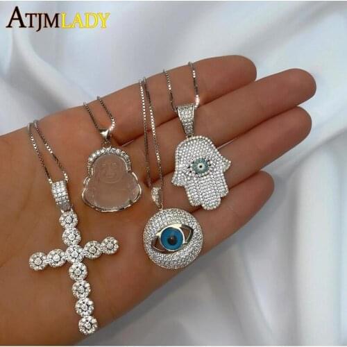 2021 New arrival gold silver color Hip hop bling box chain necklaces micro pave cz hamsa hand bling 5A cz turkish lucky necklace