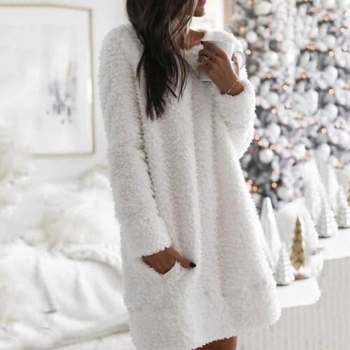 Women dress Casual Hooded Solid Long Sleeve Pullover Teddy Fur Sweatshirt Winter Harajuku Warm Plush Hoodies Sweatshirts