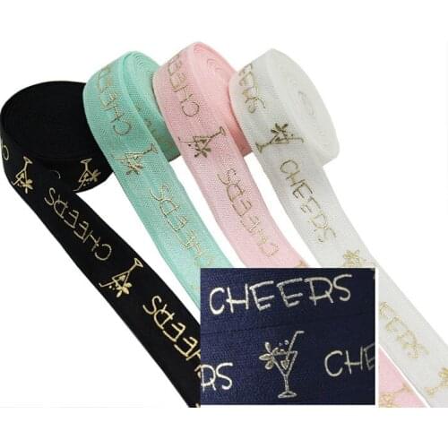 100yards/lot Gold Foil CHEER Champagne Cup FOE Ribbon Fold Over Elastic For hair ties accessories welcome custom design