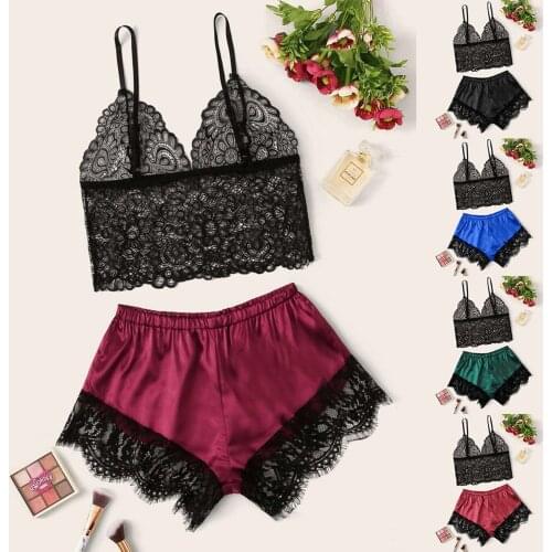 2021 Sexy Lingerie Women Pajamas Set V-Neck Bra Satin Lace No Rims Underwear Camisole Pyjamas Shorts Set Femme Sleepwear пижамы