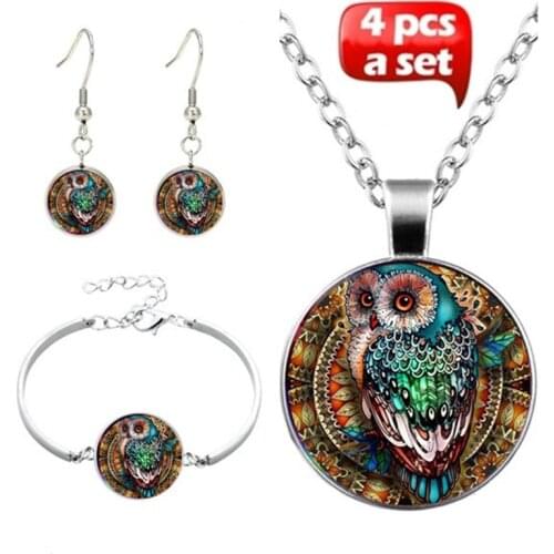 4Pcs/Set Fashion Owl Art Photo Glass Jewelry Set Fashion Choker Necklace Bracelet Earring Jewelry Set for Women Gift Accessories