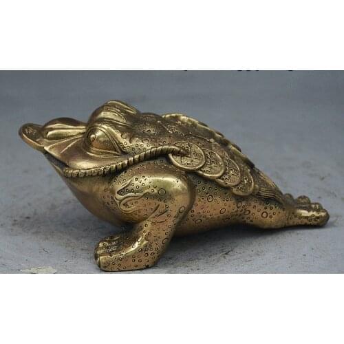 6" China Folk FengShui Brass Palace Wealth Rich Money Toad Carry Coin Statue