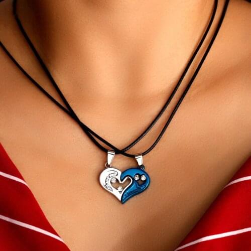 BLINLA 2 PCS Best Friends Rope Chain Necklace Jewelry Couple Romantic Heart Crystal Pendant Necklaces for Women Valentines Gift