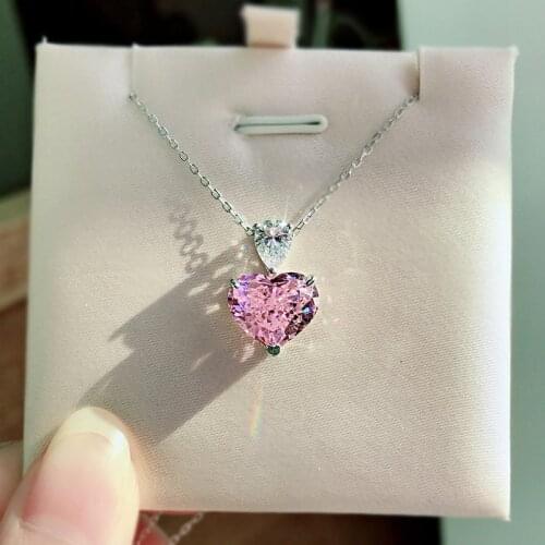 Romantic Real 925 Sterling Silver Simulated Moissanite Heart Pink Quartz Pendant Necklace Wedding Engagement Fashion Jewelry