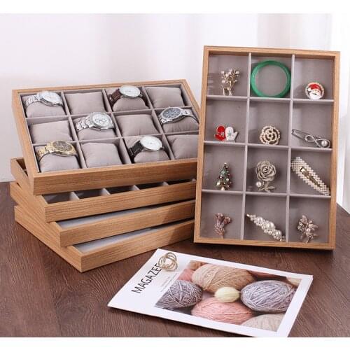 Wood Velvet Drawer Jewelry Storage Tray Ring Bracelet Gift Box Watches Organizer Earrings Holder Jewelry Display Rack