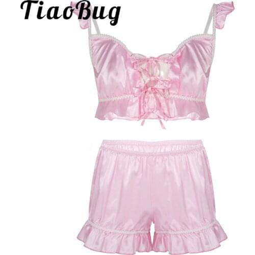 Men Erotic Lingerie Suit Lace-up Front Ruffled Satin Crop Tops with Elastic Waistband Underpants Sexy Sissy Sleepwear Pajama Set