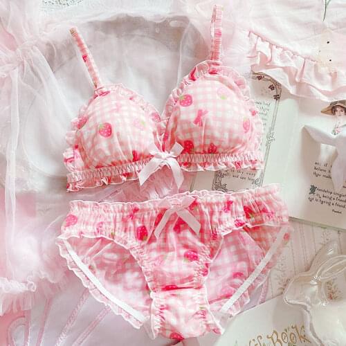 Women Lingerie Femme Japanese Korean Women Intimates Kawaii Strawberry Lace Underwear Sexy Small Girl Lolita Bra Set Underwear