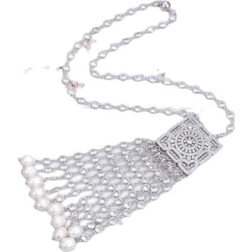 GG Jewelry 22'' White Rice Freshwater Pearl Cubic Zirconia Pave Pendant Chain Silver Color Plated Square Necklace