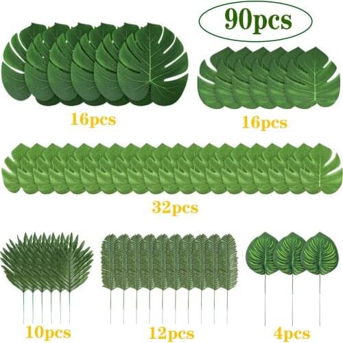 90Pcs Artificial Plants Tropical Monstera Palm Leaves Simulation Leaf For Hawaiian Theme Party Decor Home Garden Fake Leaves
