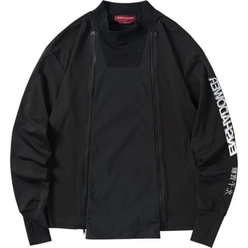 Mens Jacket Sweatshirt Combined Materials Double Front Zipper Finger Hole Long Sleeve Techwear Streetwear