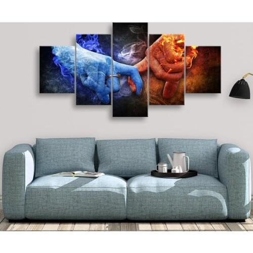 Wall Art poster Picture Canvas Painting Print 5 Panel lovers Holding hands flame And Ice Love For Bedroom Living Room Home Decor