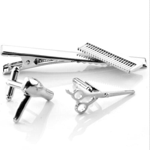 WholeSale 10Sets/lot barber Hair dryer scissors comb Cufflinks + Tie clip Sets High quality jewelry Gift Hair Salon Gifts
