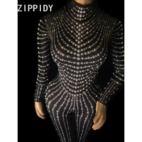 Sexy Pearls Stones Jumpsuit Black Or Nude Stretch Bodysuit Womens Birthday Party Wear Nightclub Singer Dance Show Sexy Leggings