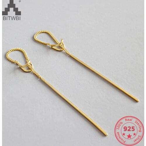 925 Silver Simple Strip Bar Line Chain Earrings Gold Color Fashion Jewelry