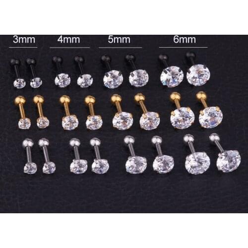 2PCS 16G Round CZ Round Zircon Barbell Cartilage Tragus Helix Stud Ear Piercing Jewelry