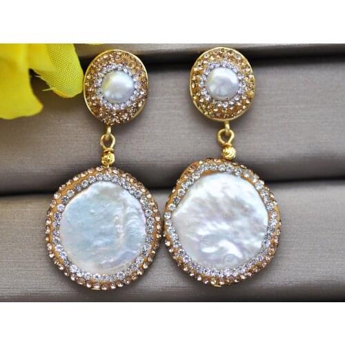 MTC·STAR Z10484 25mm White Coin Freshwater Pearl Golden CZ Dangle Earring