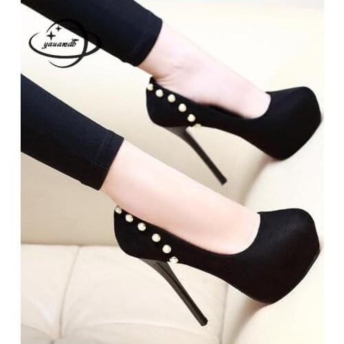Yauamdb Women Pumps Female 34-39 Spring Autumn 14cm High Heels Beads Pumps Platform Slip On Round Toe Ladies Office Shoes Ly78