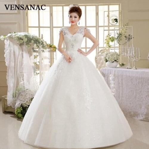VENSANAC 2018 Crystal V Neck Ball Gown Lace Flowers Appliques Wedding Dresses Sequined Tank Backless Bridal Gowns