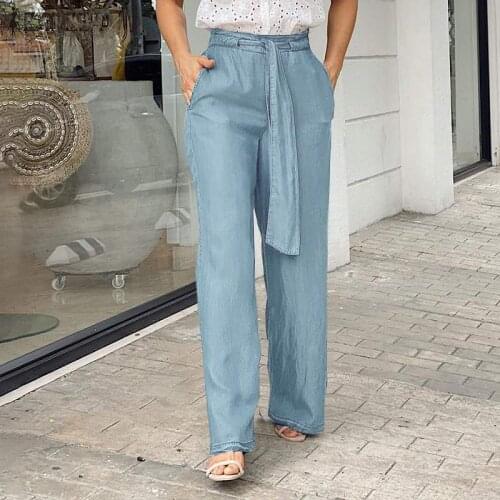 Womens Fashion Solid Trousers ZANZEA Denim Blue Long Pants 2021 Summer Wide Leg Pant Casual High Elastic Waist Straight Bottoms