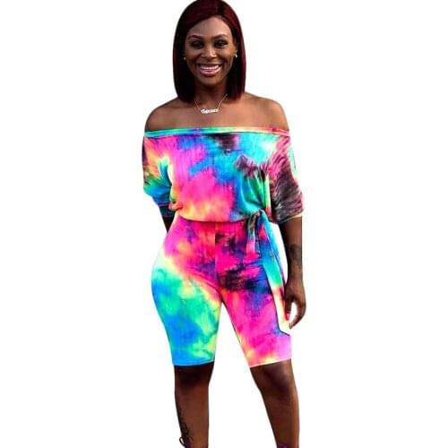 Tie Dye Print Summer Casual Jumpsuit Women Off Shoulder Slash Neck One Piece Romper Sexy Streetwear Beach Playsuit with Sleeve