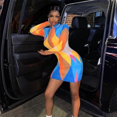 Autumn New Ribbed Women Dresses 2021 Elastic Turtleneck Long Sleeve Colorful Patchwork Skinny Bodycon Street Outfits
