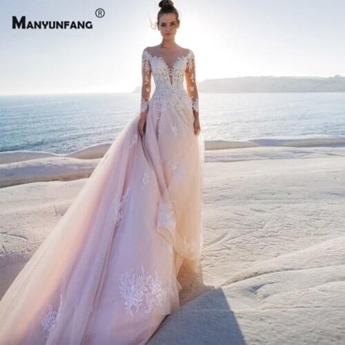 2021 Hot Sale O-Neck Full Sleeve Wedding Dress for Women Luxury Embroidery Appliques Tulle Chapel Train Button Bridal Ball Gown