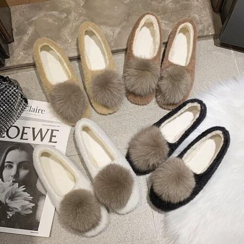 Winter Elegant Women Casual Shoes Fur Warm Home Flat Shoes Fur Designer Comfortable Convenient Slip-on Solid Color Woman Shoes