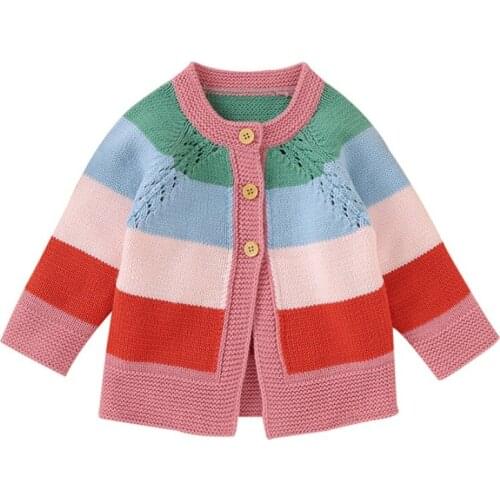 Winter Warm Kids Casual Sweater Baby Girl Rainbow Striped Print Cotton Knitted Outerwear Clothes