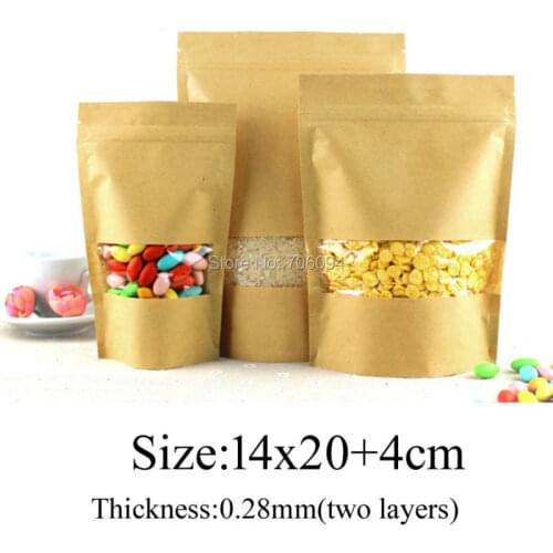 14*20+4cm,200pcs Stand-up Kraft Paper Bag for gift candy coffee tea Window Kraft Zipper/zip lock Bag,Brown Kraft Paper Pouch