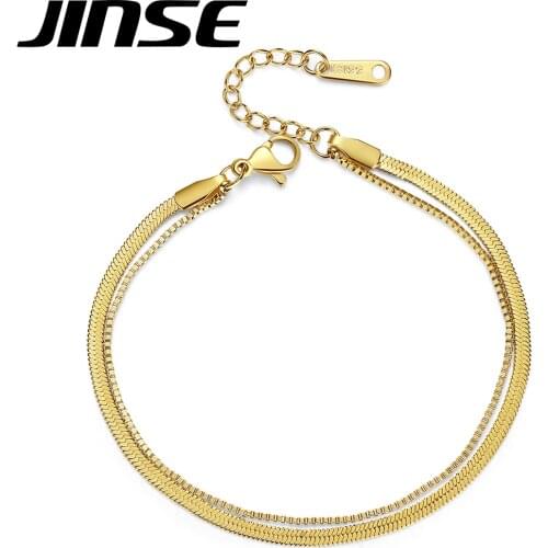 JINSE New Double Layer Flat Snake Chain Stainless Steel Bracelets for Women Fashion Jewelry Round Gold Pulseira Men Bijoux Gifts