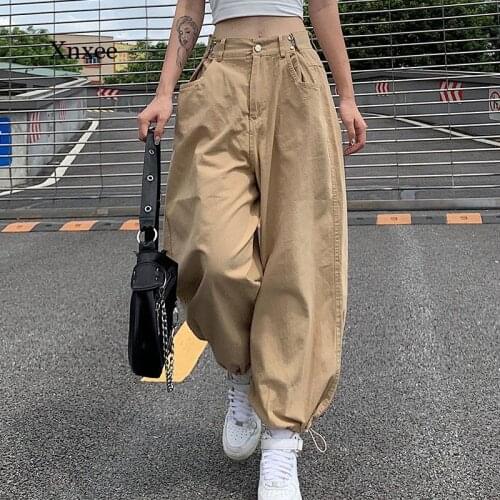 Summer Womens Casual Solid Color Loose Khaki Outfit Loose Trousers Adjustable Buckle High Waist Black Sports Pants