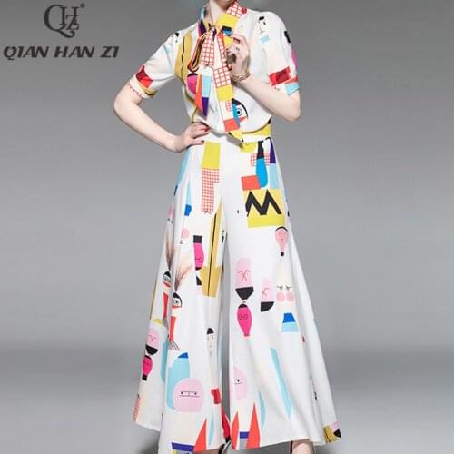 Qian Han Zi Autumnal Fashion Designer Suits Womens Bow Tie Shirt+Character Printed Elegant Vintage Long Pants Two Pieces Set
