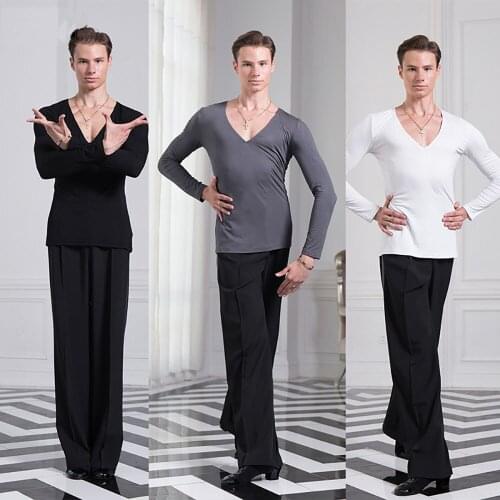 Cheap Latin Dance Shirts For Males Black Gary White Long Sleeve Tops Men Adult Latino Chacha Professional Ballroom Frocks B048