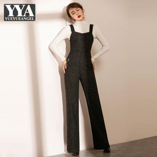 Autumn Winter Women Jumpsuits Wool Blend Elegant Office Ladies Slim High Waist Rompers Vintage Sleeveless Wide Leg Straps Pants