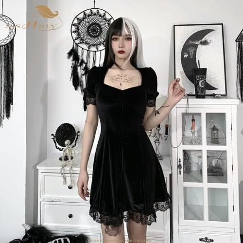 Square Neck Puff Sleeve Lace Gothic Dress VD2120 Mini Black Goth Party Sexy Dress