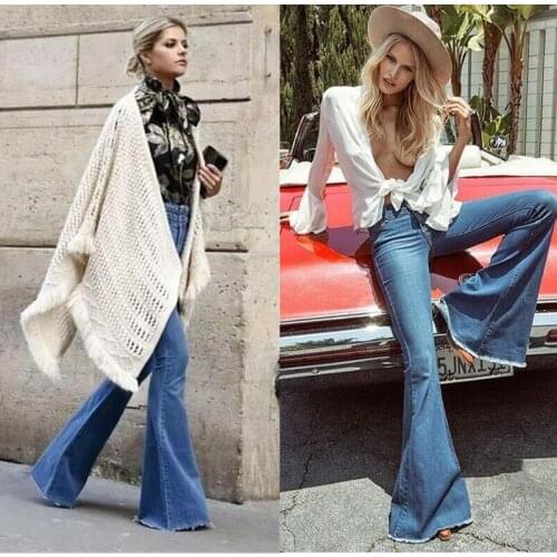 Fashion Stretch Denim Flared Jeans Lady Grunge Push Up Bell Bottom Jeans Pants Women HighWaist Plus Size Free Shipping Dark Blue