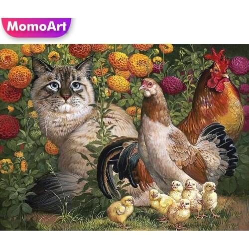 MomoArt Diamond Mosaic Cat DIY Cross Stitch Set Flower Diamond Embroidery Chicken Picture Of Rhinestone Animal Painting Wall Art