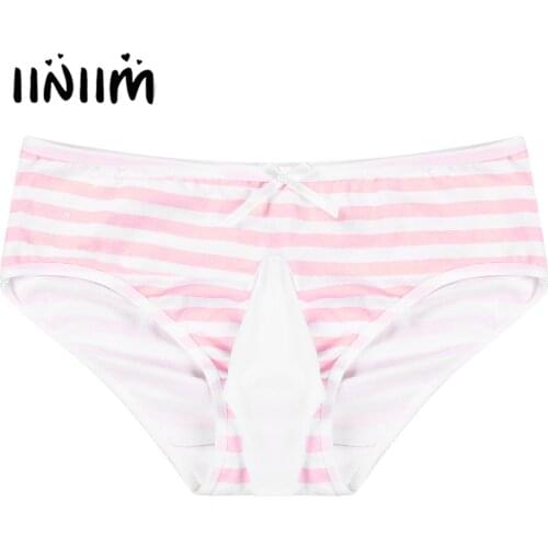 Mens Lingerie Sexy Underwear with Bowknot Low Waist See-through Bulge Pouch Striped Briefs Panties Elastic Waistband Underpants