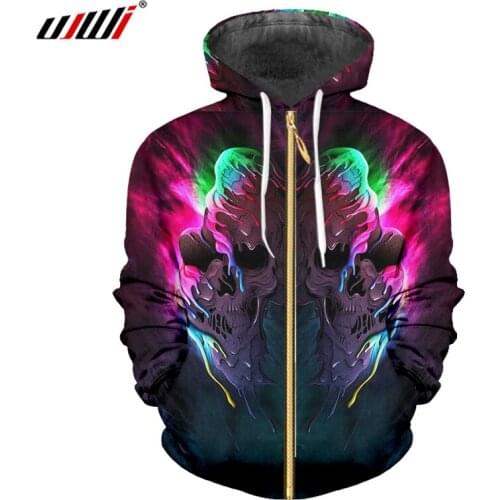 UJWI Mens Hiphop Long Sleeve Cardigan Pullovers Cool Print Colorful Skulls 3d Zip Hoodies Sweatshirt Male Long Sleeve Jackets