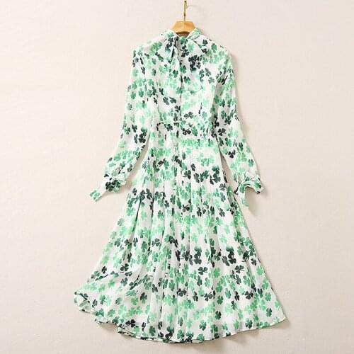Spring Autumn Chiffon Runway Fashion Turtleneck Bow Leave Print Dress Elegant Party Holiday Beach Dresses