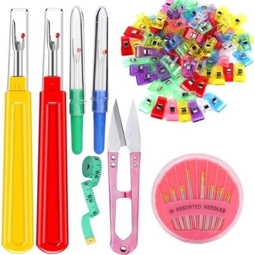 Nonvor 4 Pcs Sewing Seam Rippers and 100 Pcs Sewing Fabric Clips, Thread Remover Tool Kit with Thimble, Scissors,Embroidery
