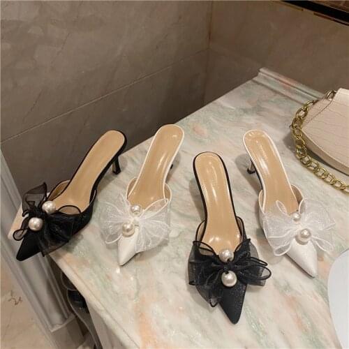 2021 New Baotou Half Drag Thin Heel Bow Sandals Pointed Pearl High Heel Muller Shoes
