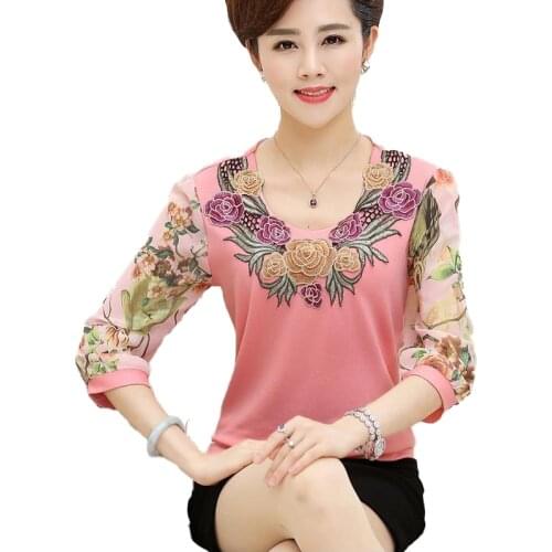 Women Spring Summer Tee Chiffon Sleeve Shirts Mom Embroidery O-Neck Print Plus Size Tops Ladies Casual Slim Pullover