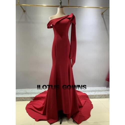 New Fashion Simple Long Evening Dress 2020 One Shoulder Mermaid Red Satin Formal Party Evening Gowns