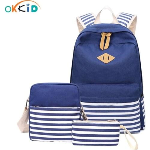 OKKID canvas school backpack pen pencil bag set blue stripe school bags for girls book bag kids shoulder bag children back pack